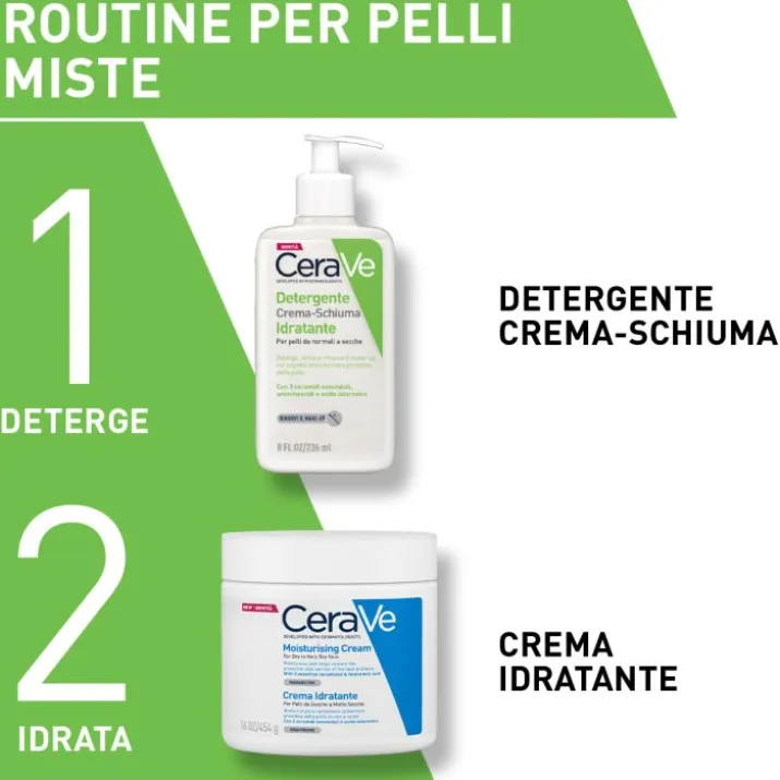 CeraVe Detergente crema-schiuma idratante Deterge ed Idrata. Con 3 ceramidi essenziali, acido ialuronico e tecnologia MVE 236 ml