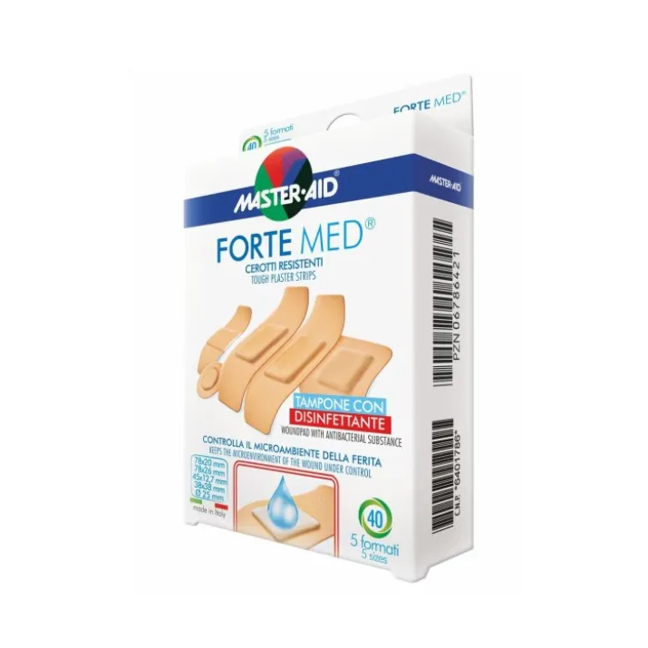 Master-Aid® Forte Med® Cerotti Resistenti Tampone Con Disinfettante 5 Formati 40 Strip